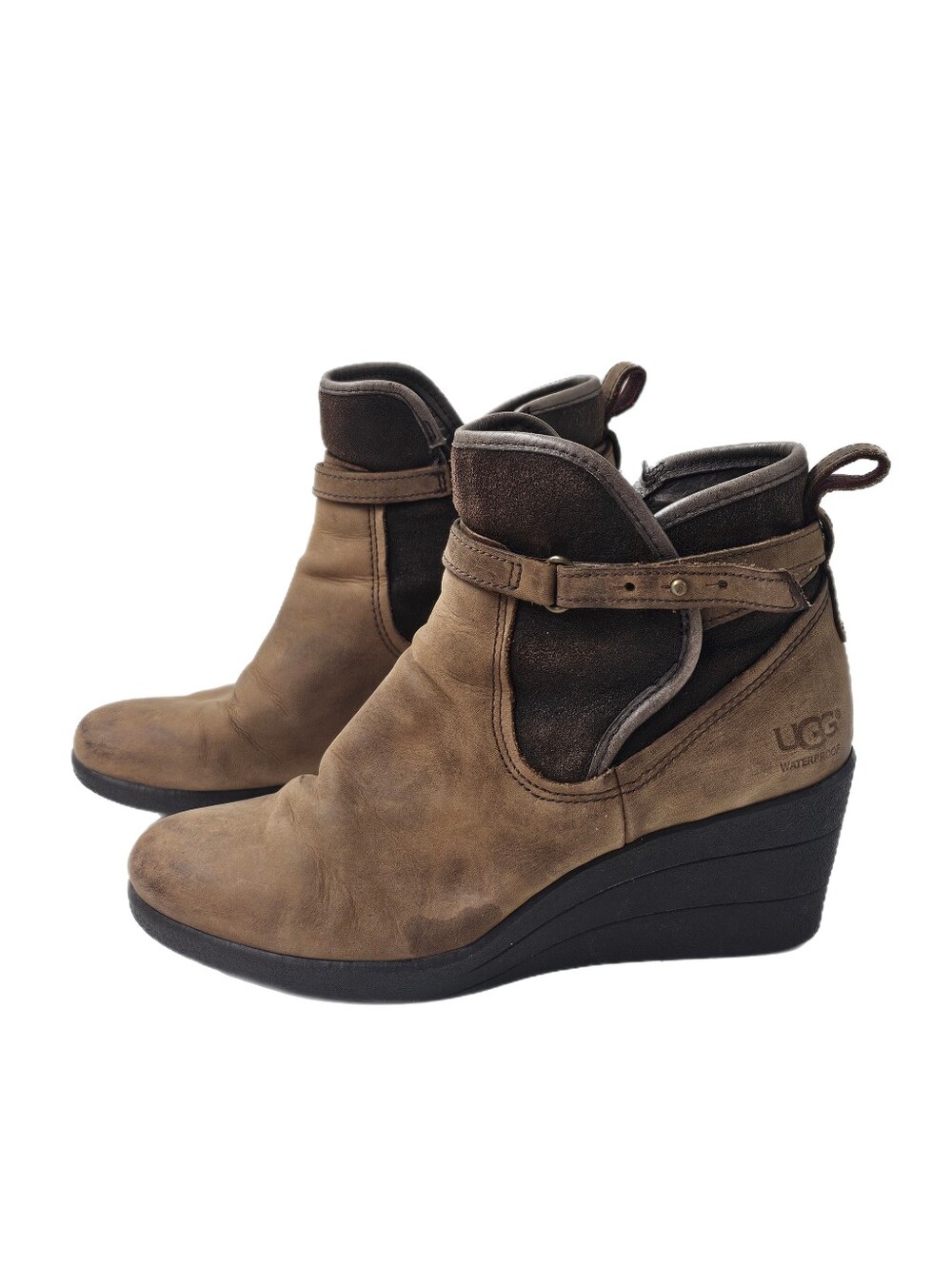 UGG Emalie Waterproof Wedge Ankle Booties Stout Brown Leather Wool Womens 6 EU37